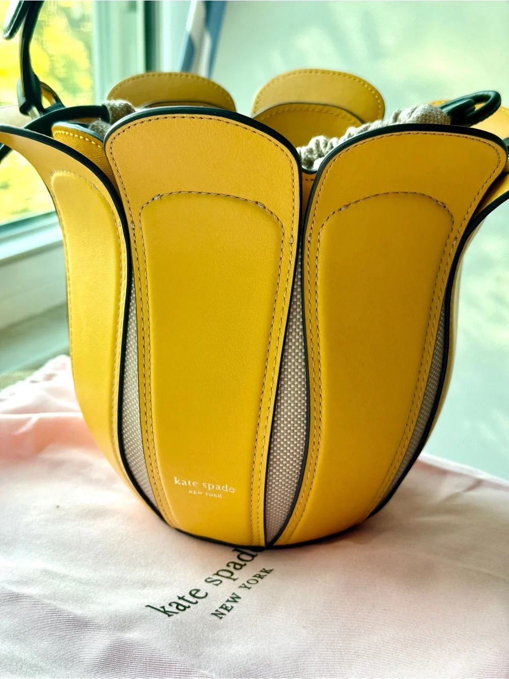 kate spade Yellow Petal-Shape Leather Drawstring Satchel tulip bucket rare